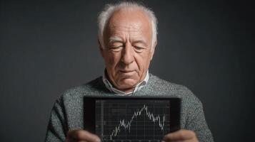 An older man holding a tablet with a stock chart on it photo