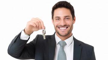A man in a suit holding up two keys photo