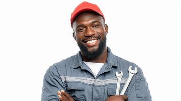 A smiling black man holding a wrench photo
