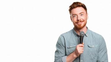 A man with a red beard holding a microphone photo