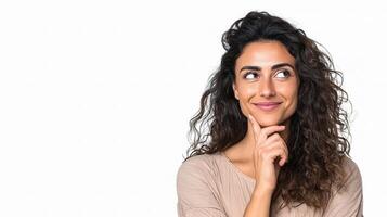A woman with her hand on her chin and a smile photo