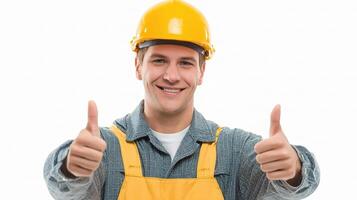 A man in a hard hat and overalls giving a thumbs up photo