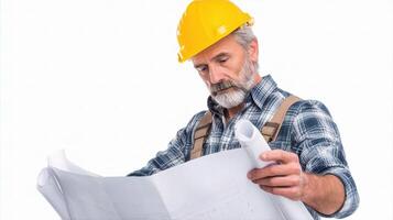 A man in a hard hat and overalls is holding a blueprint photo