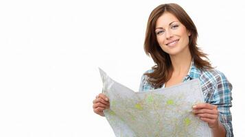 A woman holding a map and smiling photo