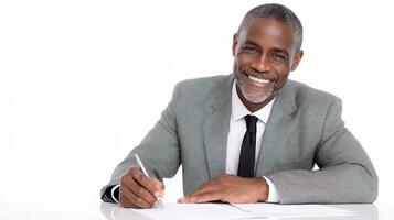 A smiling black man in a suit and tie is signing a document photo