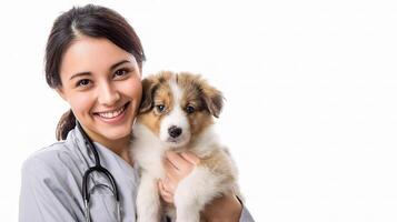 A woman in a lab coat holding a puppy photo