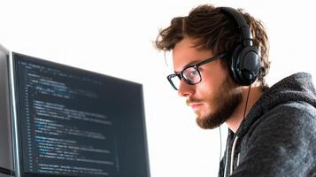 A man wearing headphones and glasses is working on a computer photo