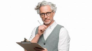 A man with glasses holding a clipboard photo