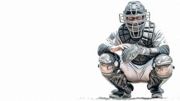 A baseball player crouched down with a catcher's mask on photo