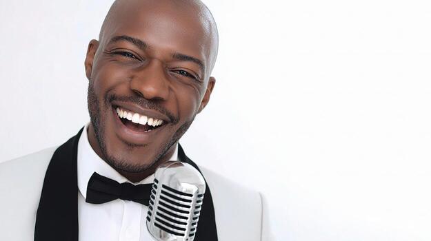 A man in a tuxedo is smiling while holding a microphone photo