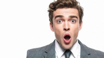 A man in a suit and tie is making a surprised face photo
