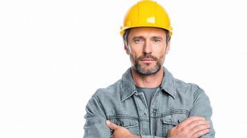 A man in a hard hat and denim jacket photo