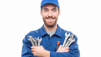 A smiling man holding a wrench and a wrench photo