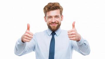 A man with a beard and tie giving thumbs up photo
