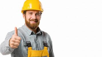 A man with a beard and a hard hat is giving the thumbs up photo