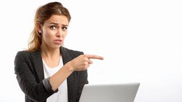 A woman pointing at a laptop computer photo