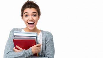 A woman holding a stack of books and smiling photo