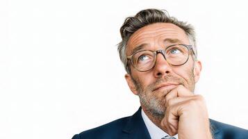 A man in a suit and glasses looking up photo