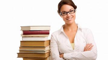 A woman with glasses and books standing in front of a stack of books photo
