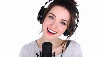 A woman is smiling while holding a microphone photo