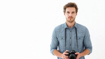 A man holding a camera and posing for the camera photo