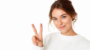 A woman is making the peace sign with her hands photo