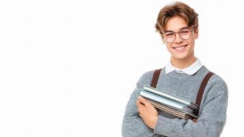 A young man in glasses holding a stack of books photo