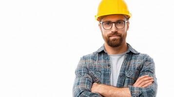 A man with a beard and glasses wearing a hard hat photo