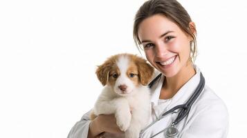 A woman in a white lab coat holding a puppy photo