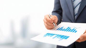 A man in a suit holding a pen and paper with a graph on it photo