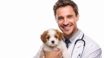 A man in a white coat holding a small dog photo