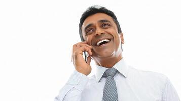 A man in a shirt and tie talking on a cell phone photo
