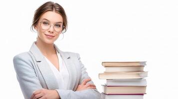 A woman in glasses and a suit is standing with books photo