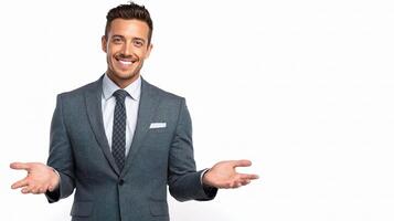 A man in a suit and tie is standing with his hands out photo