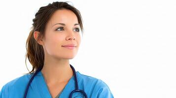 A woman in a blue scrub suit is looking up photo