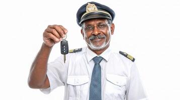 A man in uniform holding a key to a car photo