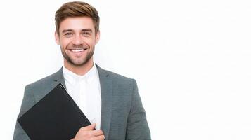 A smiling man in a suit holding a folder photo
