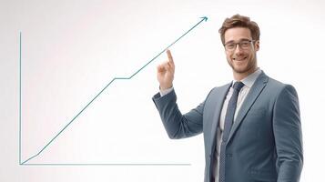 A man in a suit and tie is pointing at a graph photo