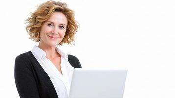 A woman with a laptop on a white background photo