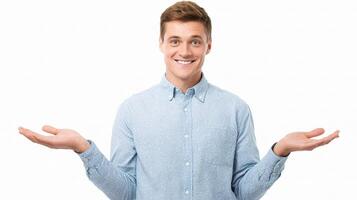 A man is holding up his hands and looking at the camera photo