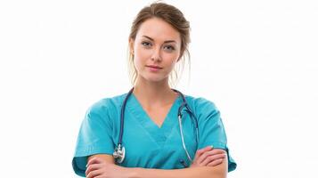 A woman in a scrub suit is standing with her arms crossed photo
