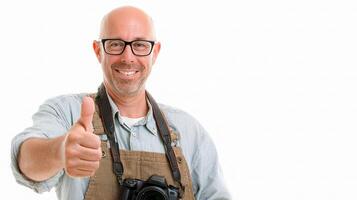 A man with glasses and a camera giving the thumbs up photo