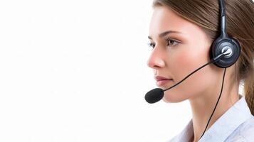 A woman wearing a headset with a microphone photo