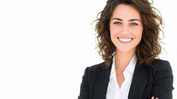 A woman in a business suit and tie smiling photo