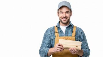 A smiling man in overalls holding a piece of wood photo