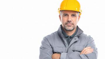 A man in a hard hat and gray jacket photo
