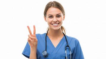 A woman in a blue scrub suit is making a peace sign photo