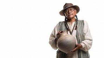 An old man with a hat and a pot photo