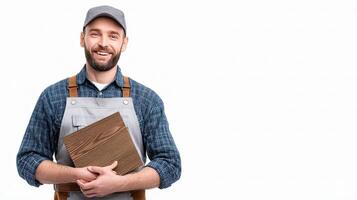 A man in an apron holding a wooden board photo