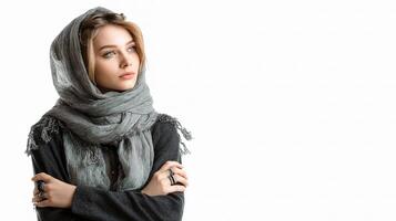 A woman in a scarf is posing for the camera photo